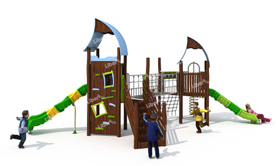 School Outdoor Wooden Playground Equipment with Climbing Net 