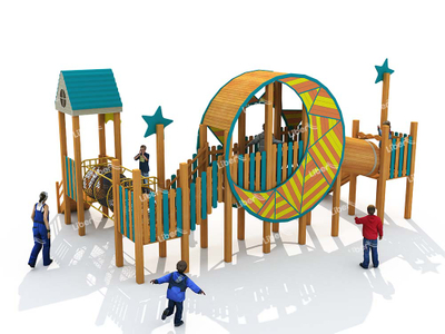 Children's Outdoor Wooden Playground With Net Bridge