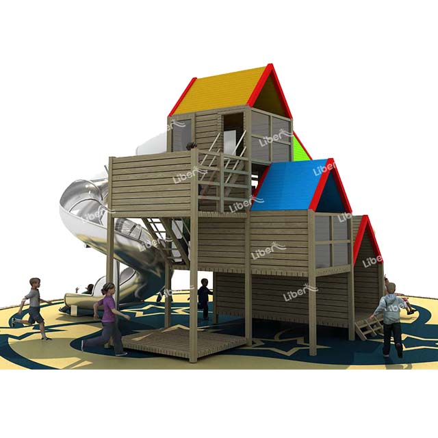 Kids Outdoor Wooden Play House with Stainless Steel Slide
